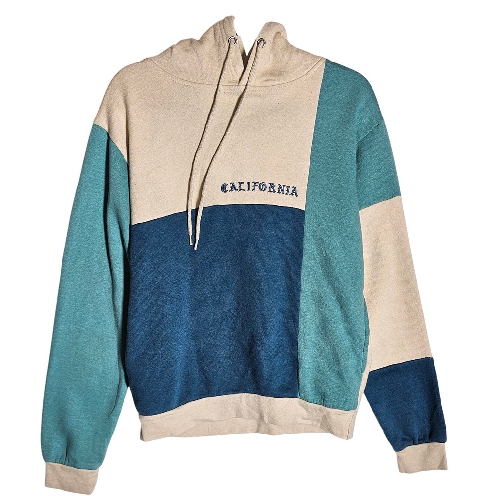 Eighty Eight Brand California Colorblock Hoodie Sweatshirt Teal Cream Navy Small